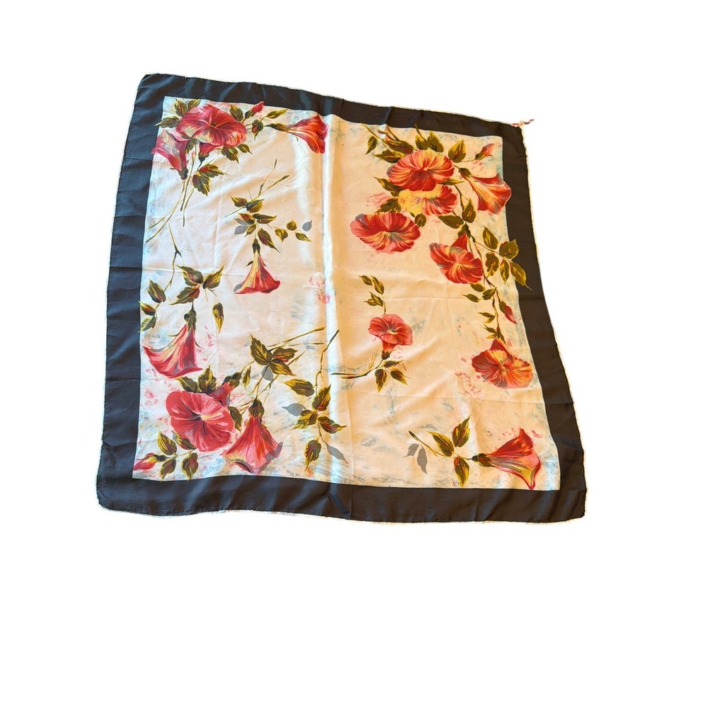 Scarf White Red Black Floral Rayon Hand Rolled Vintage‎ Square Botanical
